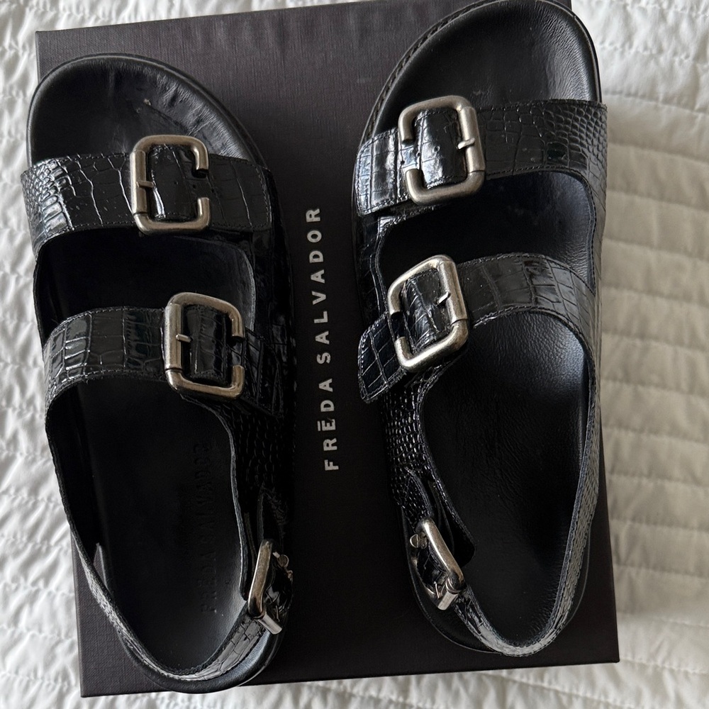 Freda Salvador Black Croc-Embossed Sandals with Silver Buckles